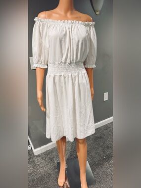Adore White Off-Shoulder Smocked Midi Dress